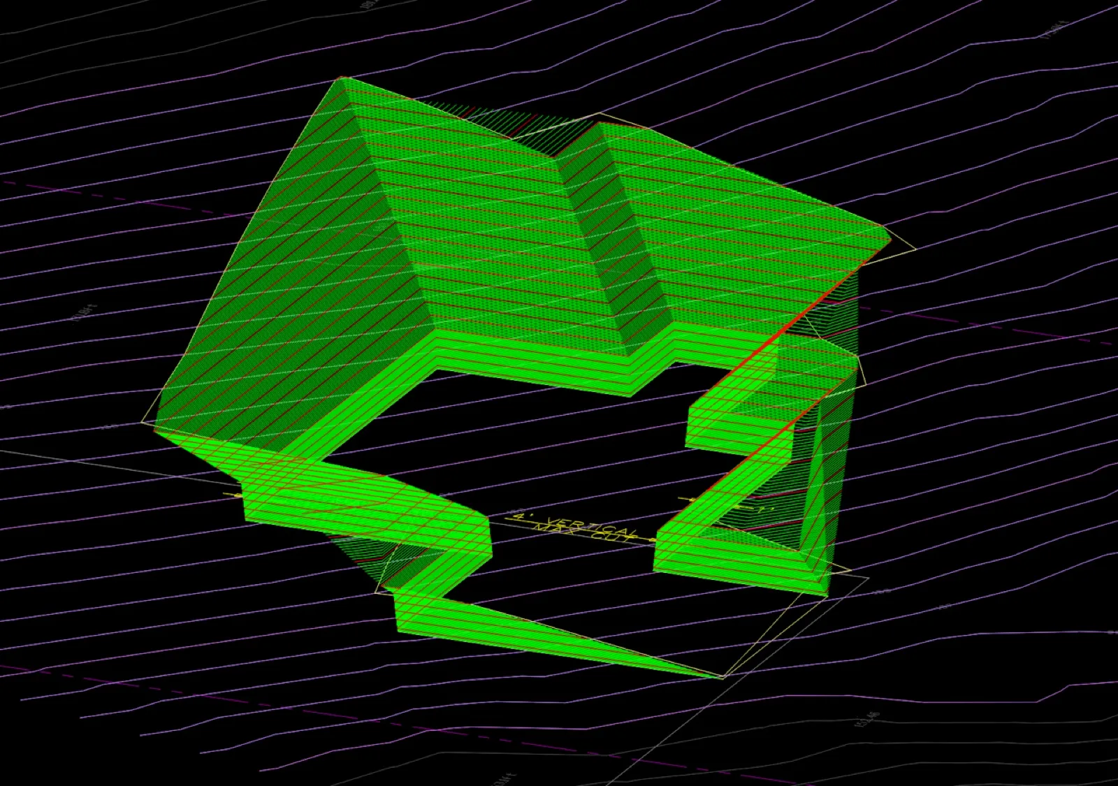 3D excavation surface model in green with stepped retaining wall contours and magenta topographic lines showing cut volumes for the Malibu hillside building pad