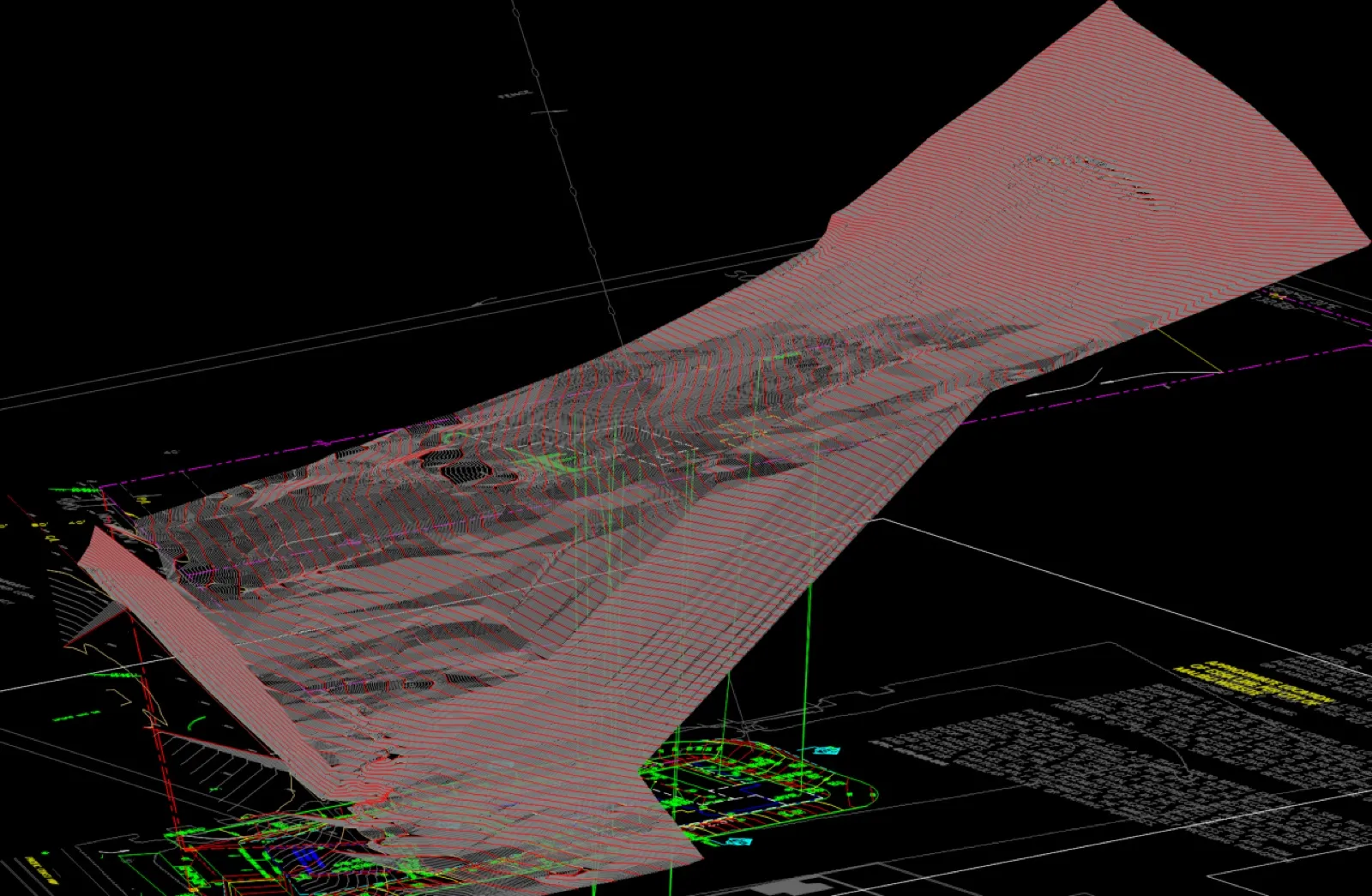 Existing 3D terrain surface model with red contour banding and green elevation reference lines showing the steep Malibu hillside lot conditions above Pacific Coast Highway