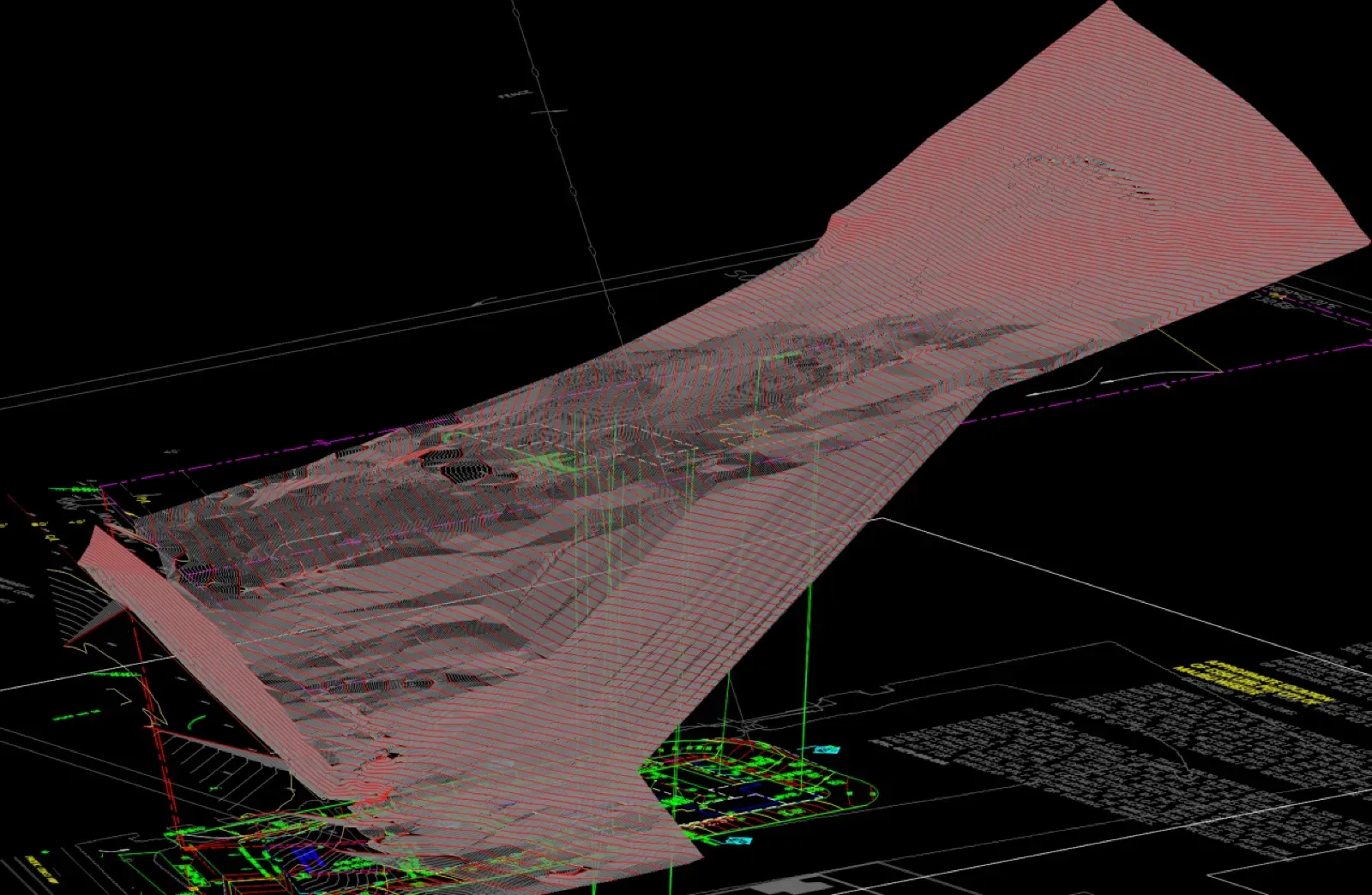 Existing 3D terrain surface model with red contour banding showing the steep Malibu hillside lot conditions above Pacific Coast Highway before grading design began