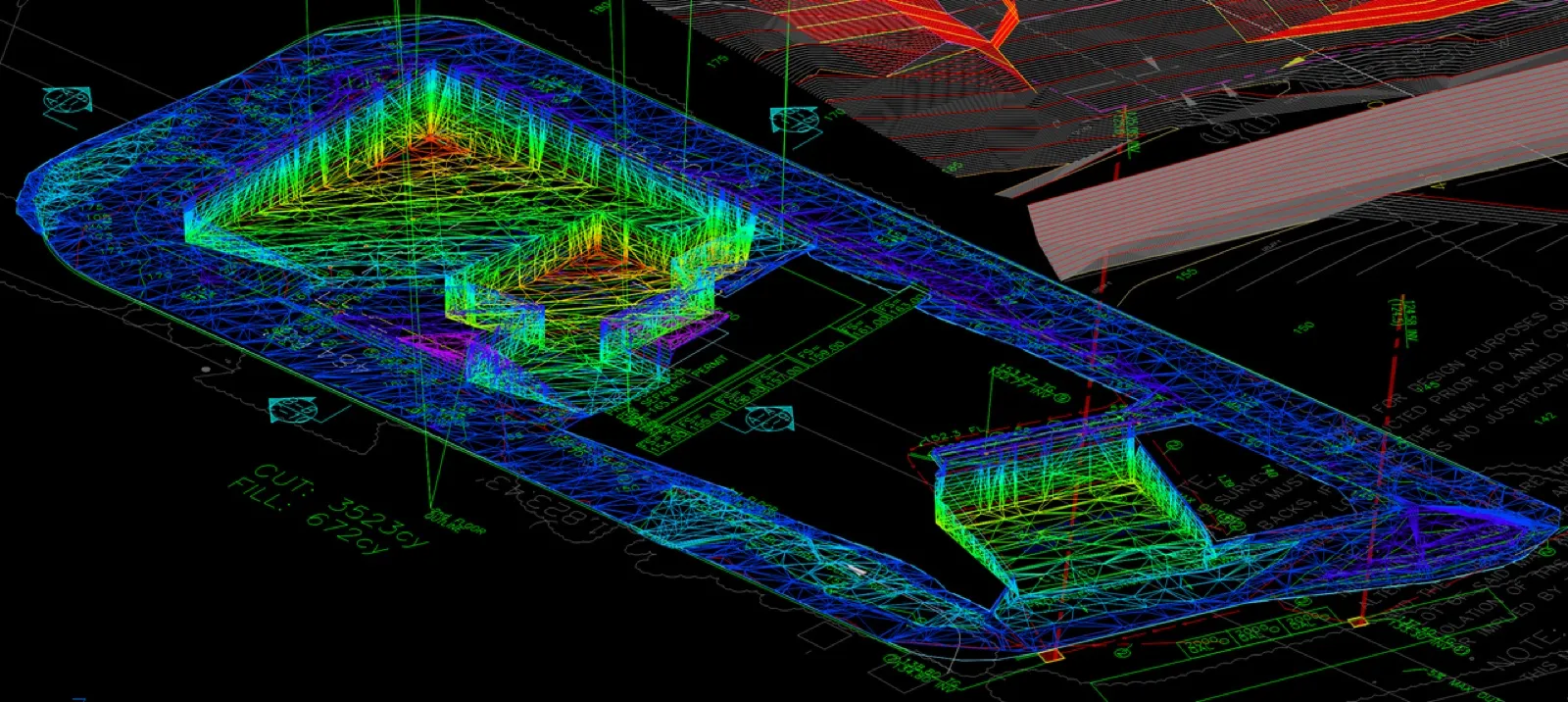 Full 3D terrain grading model of the Malibu hillside site in rainbow spectrum colors showing cut and fill volumes with the total yardage annotated against the Pacific Coast Highway corridor