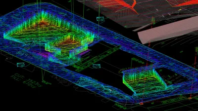 Full 3D terrain grading model of a Malibu hillside site in rainbow spectrum colors showing cut and fill volumes along the Pacific Coast Highway corridor