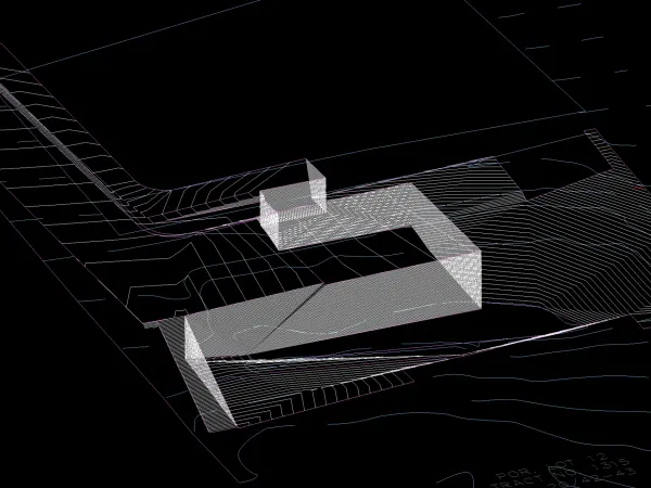 Proposed drainage pattern with retaining wall and rain gardens