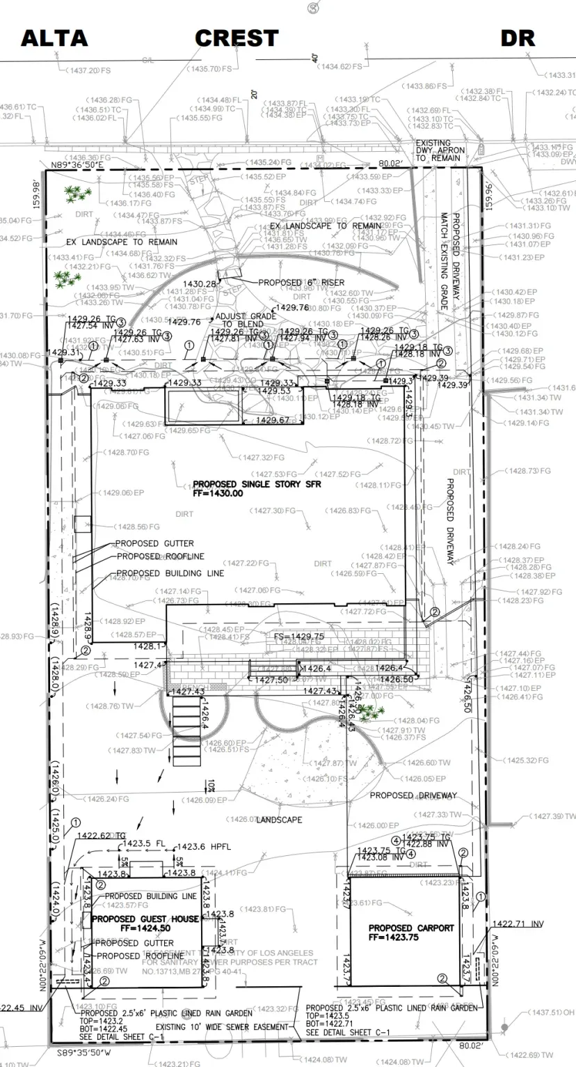 Altadena drainage plan showing dual rain gardens and area trench at Alta Crest Drive, designed to avoid a sump pump requirement