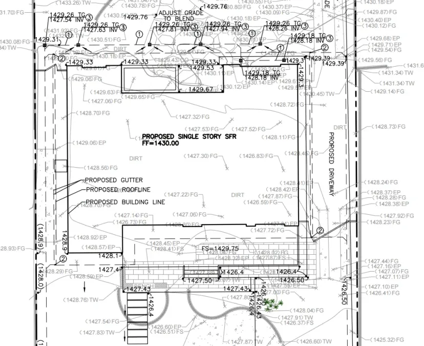 Drainage plan for Altadena residence showing dual lined rain gardens, trench drain, and roof gutter connections