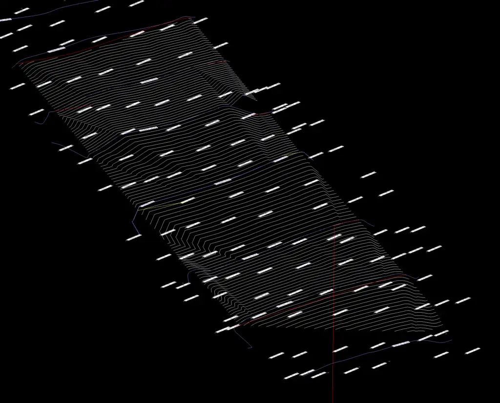 3D topographic wireframe model of a terrain surface showing contour lines and survey data point labels