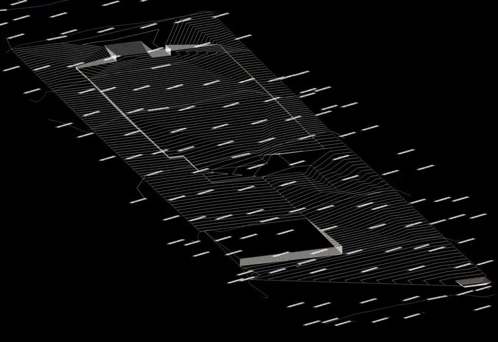 3D topographical wireframe model of a site plan showing contour lines and building pads for land development