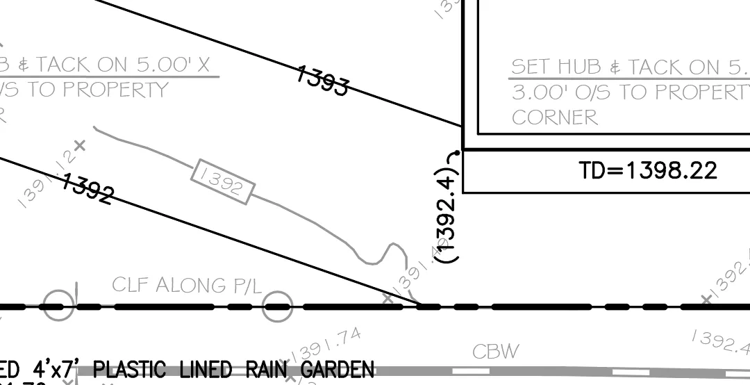 Engineering drawing excerpt of an Altadena drainage plan showing topographical contour lines, property line markers, and a proposed plastic-lined rain garden