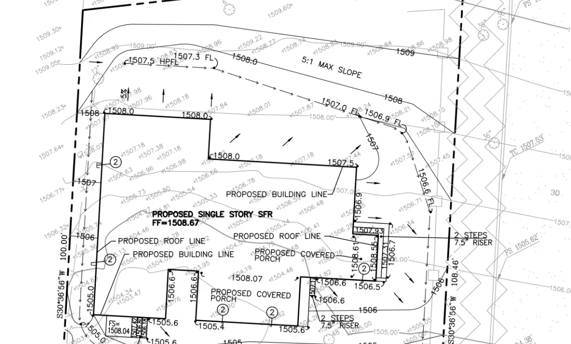 Drainage plan for Altadena corner lot showing flowline wrapping to Santa Anita Ave with max 5:1 slopes
