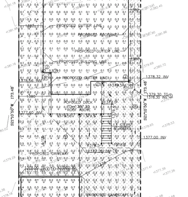 Earthwork exhibit for Altadena residence showing area drains, trench drain, and lined rain garden with elevation contours