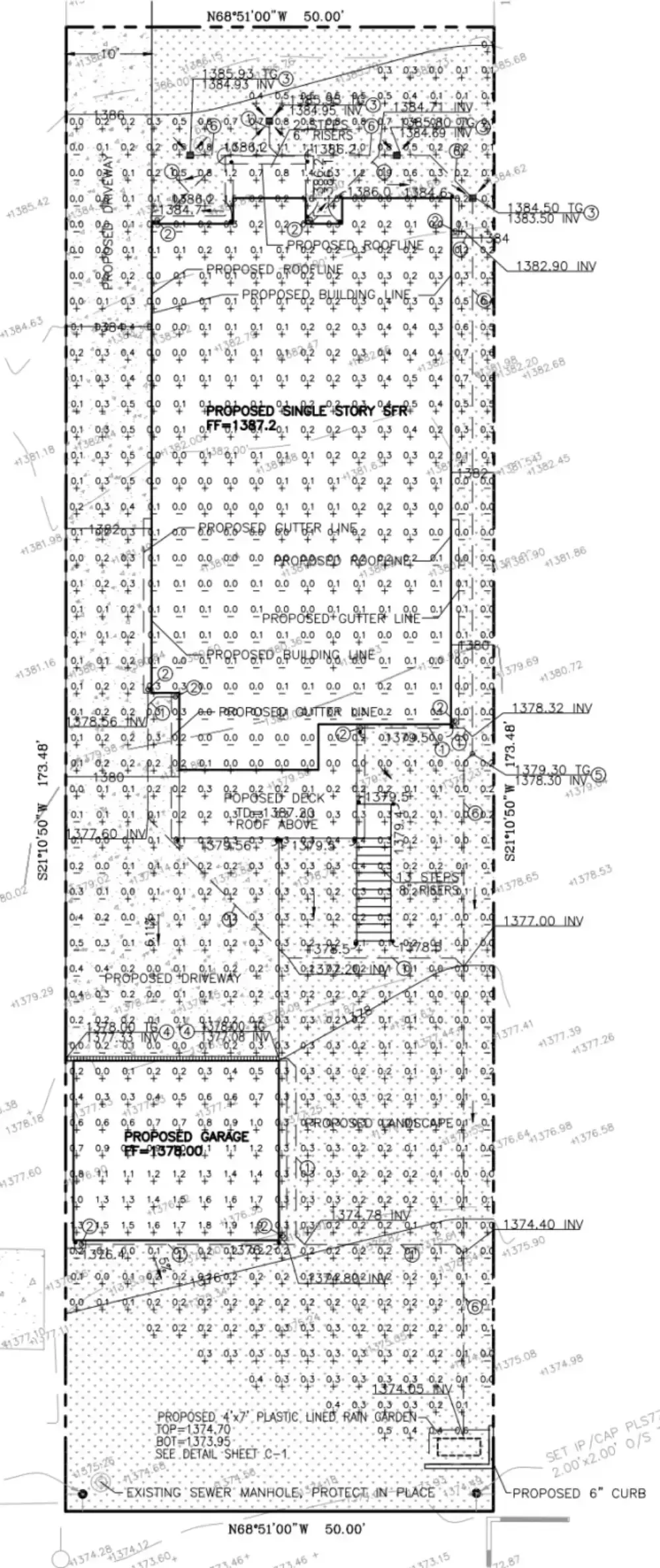 Altadena drainage plan with area trench and lined rain garden at East Palm Avenue, showing how stormwater is routed to avoid a sump pump