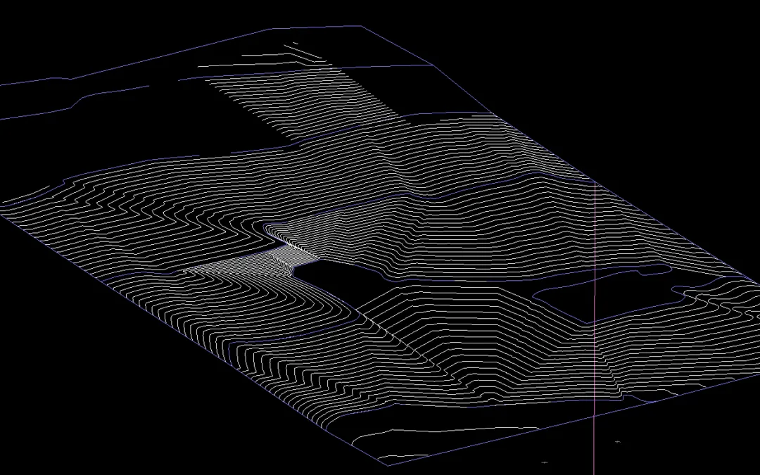 3D topographic wireframe model showing earthwork and drainage design with detailed white contour lines representing site grading and terrain elevation