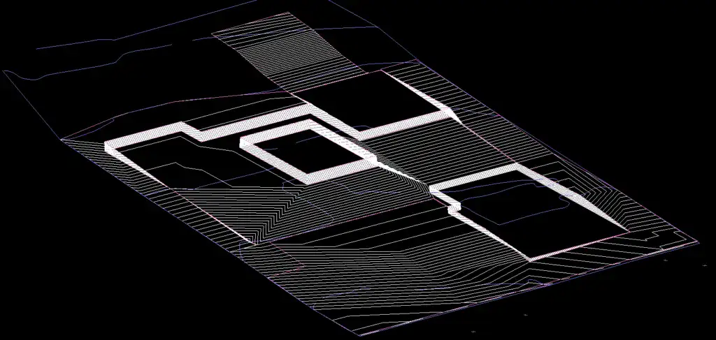 3D digital wireframe rendering of a proposed site grading and drainage plan with multiple building pads