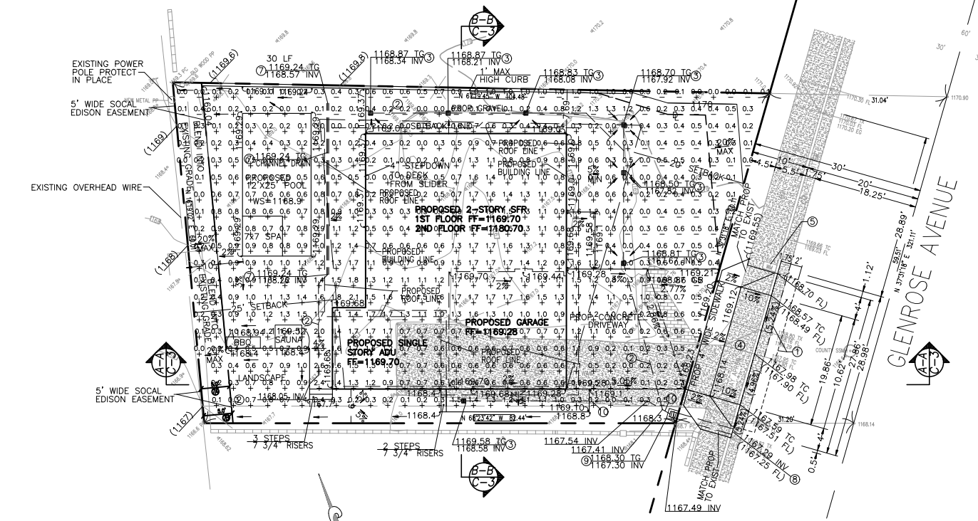 Drainage plan with cut and fill depths overlaid on the Glenrose Avenue Altadena fire rebuild lot showing the proposed 2-story house, ADU, garage, pool, area drains, and flowlines to the street