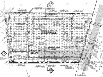 Cut and fill drainage plan for Altadena Glenrose Avenue fire rebuild showing proposed 2-story house, ADU, garage, pool, area drains, and flowlines to the street
