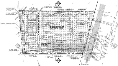 Cut and fill drainage plan for Altadena Glenrose Avenue fire rebuild showing proposed 2-story house, ADU, garage, pool, area drains, and flowlines to the street