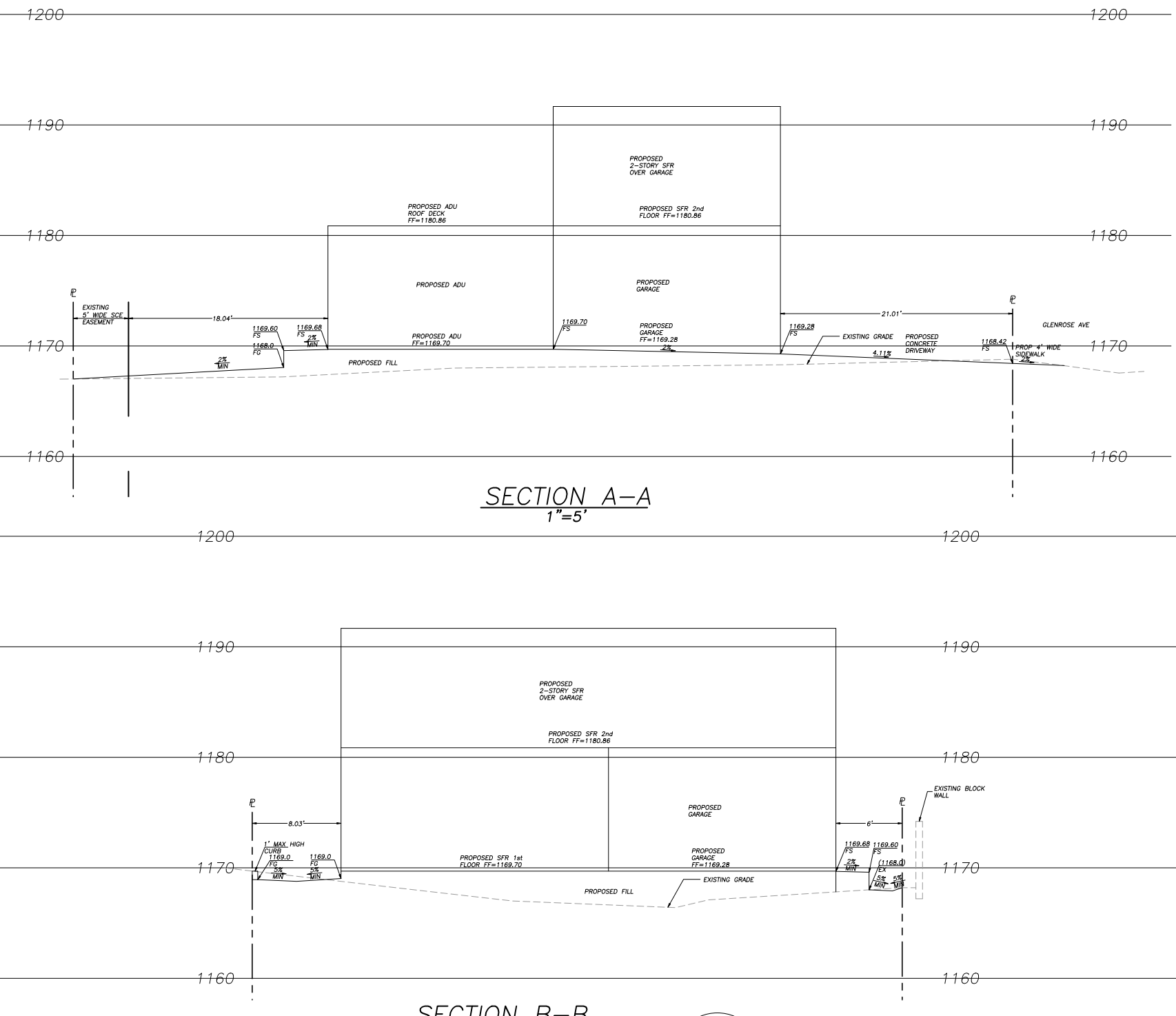Building sections A-A and B-B for the Glenrose Avenue Altadena fire rebuild showing the proposed 2-story SFR over garage, attached ADU with roof deck, finished floor elevations, and the proposed fill tying back into existing grade on the lot lines