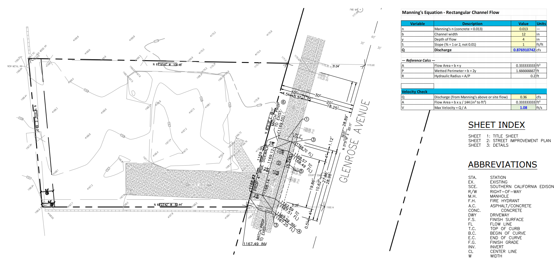 Street improvement plan for the Glenrose Avenue Altadena fire rebuild showing the 12 inch parkway drain at the curb, widened driveway apron, new 4 foot sidewalk transition, and Manning's equation calculations for the 12 inch pipe