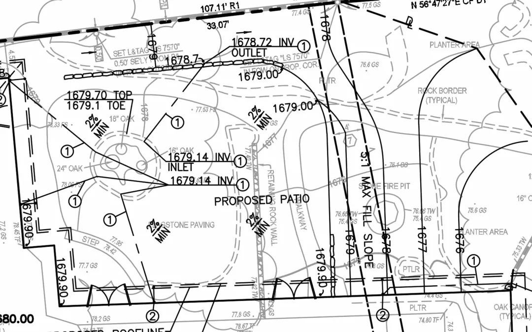 Detailed engineering site plan for Altadena fire rebuild showing proposed patio area with stone paving, retaining rock wall, walkways, and specific elevation data for drainage