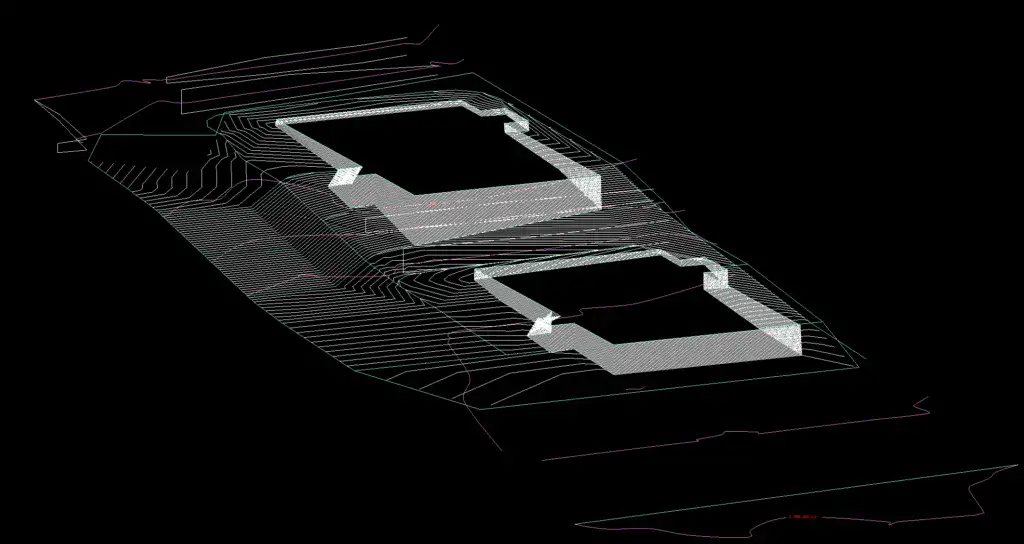 3D civil engineering site grading plan featuring building pads, topographic contours, and engineered slopes for effective site drainage and land development