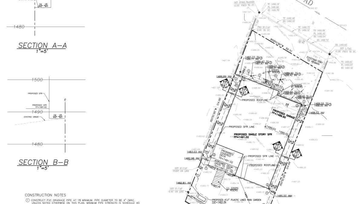 Drainage plan for Altadena residence showing area drains, trench drain, and lined rain gardens with elevation contours