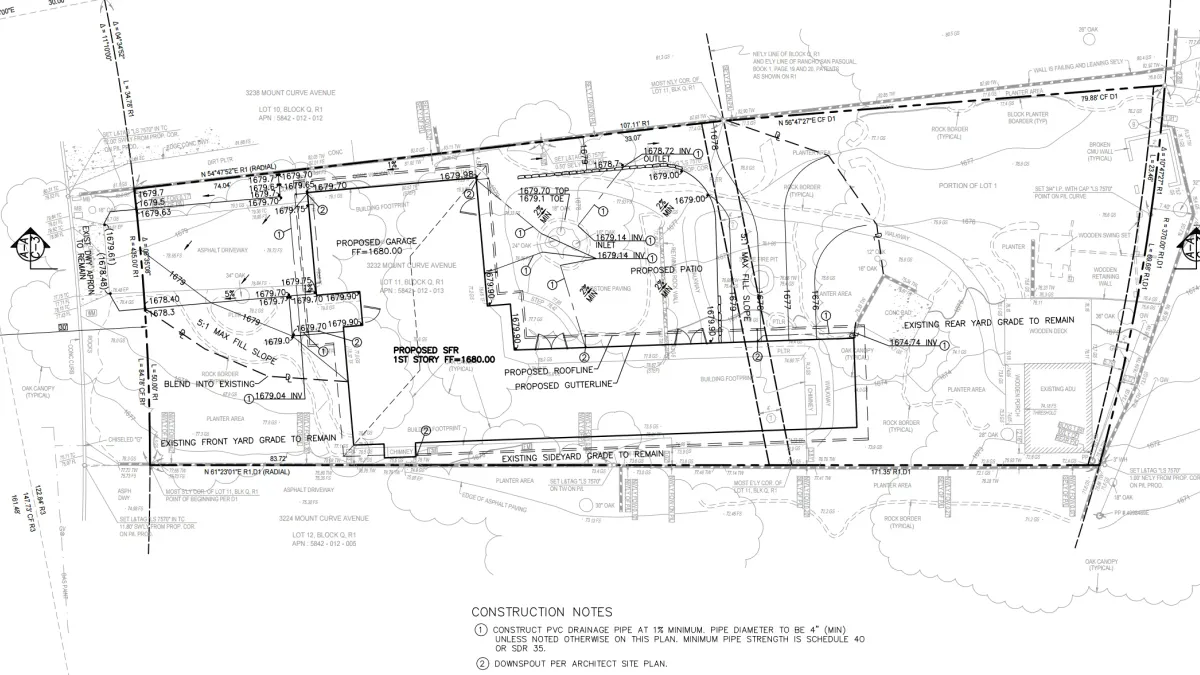 Grading plan for Altadena residence showing sheet flow to street and expanded patio with hydrology contours