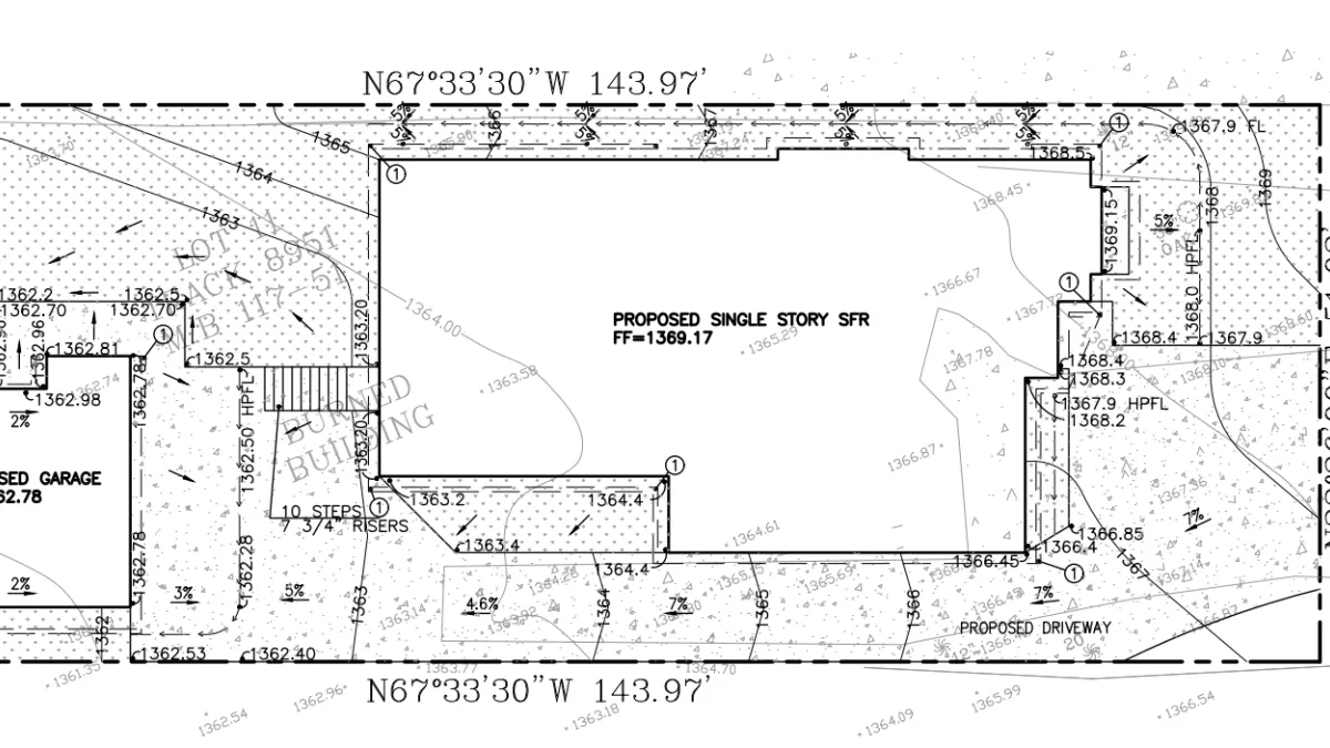 Drainage plan for Altadena Olive Ave property showing proposed grading, flowlines, and spot elevations