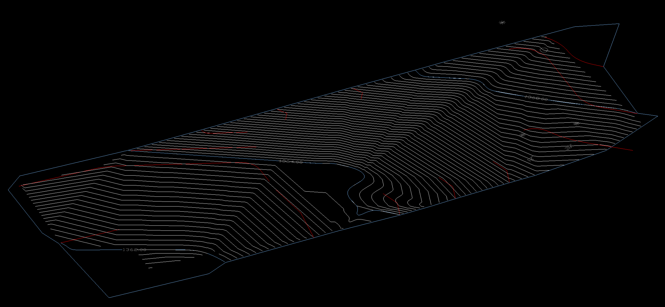 Existing topography of Altadena Olive Ave lot showing contour lines and elevation labels for drainage analysis