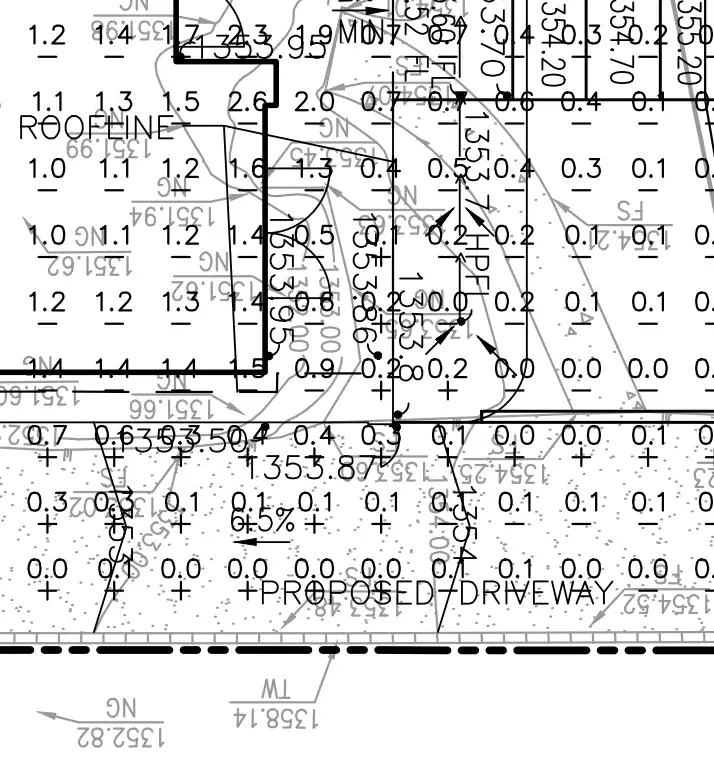 Driveway grade detail showing 6% slope flattening toward rear garage for Altadena fire rebuild drainage