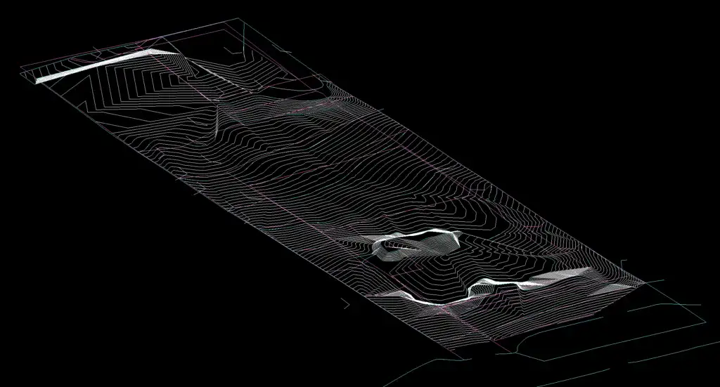 3D topographical wireframe site plan showing terrain and elevation contours for the Altadena Pine Street lot