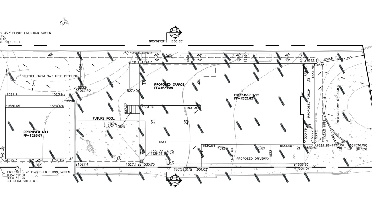 Altadena drainage plan for a Punahou Street fire rebuild on a steep 200-foot lot, using sheet flow and piped plastic lined rain gardens instead of retaining walls or sump pumps to match the existing topography.