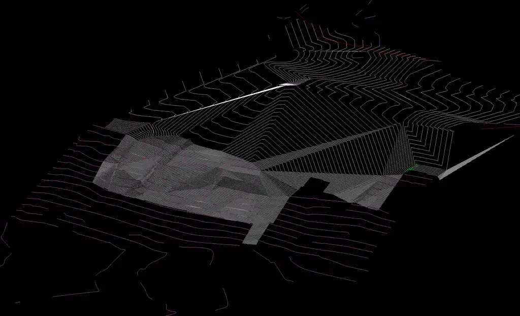 3D topographical model of Altadena terrain featuring detailed elevation contour lines and a development site mesh