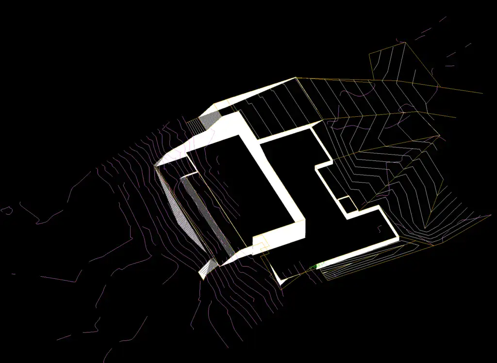 3D architectural site plan showing the proposed drainage pattern and topographic grading for a project in Altadena with contour lines and geometric building footprints