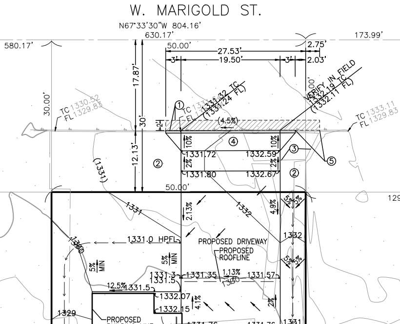 Final drainage plan for Altadena West Marigold Street fire rebuild showing proposed grades, flowlines, rain gardens, and ADU connection