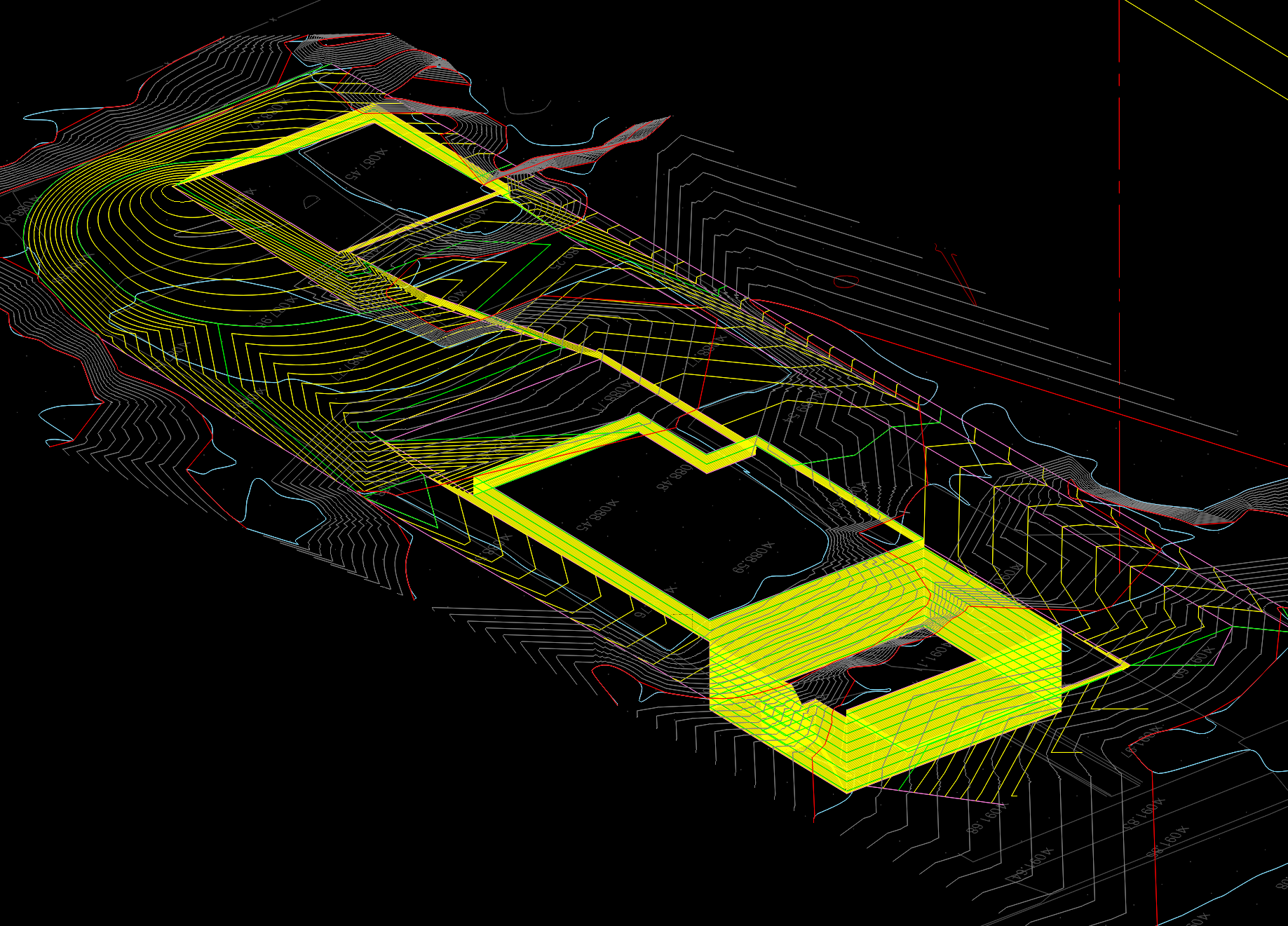 Proposed 3D surface shown with existing contours for Altadena W Mendocino Ave fire rebuild showing how the new house, garage, and ADU tie into existing topography
