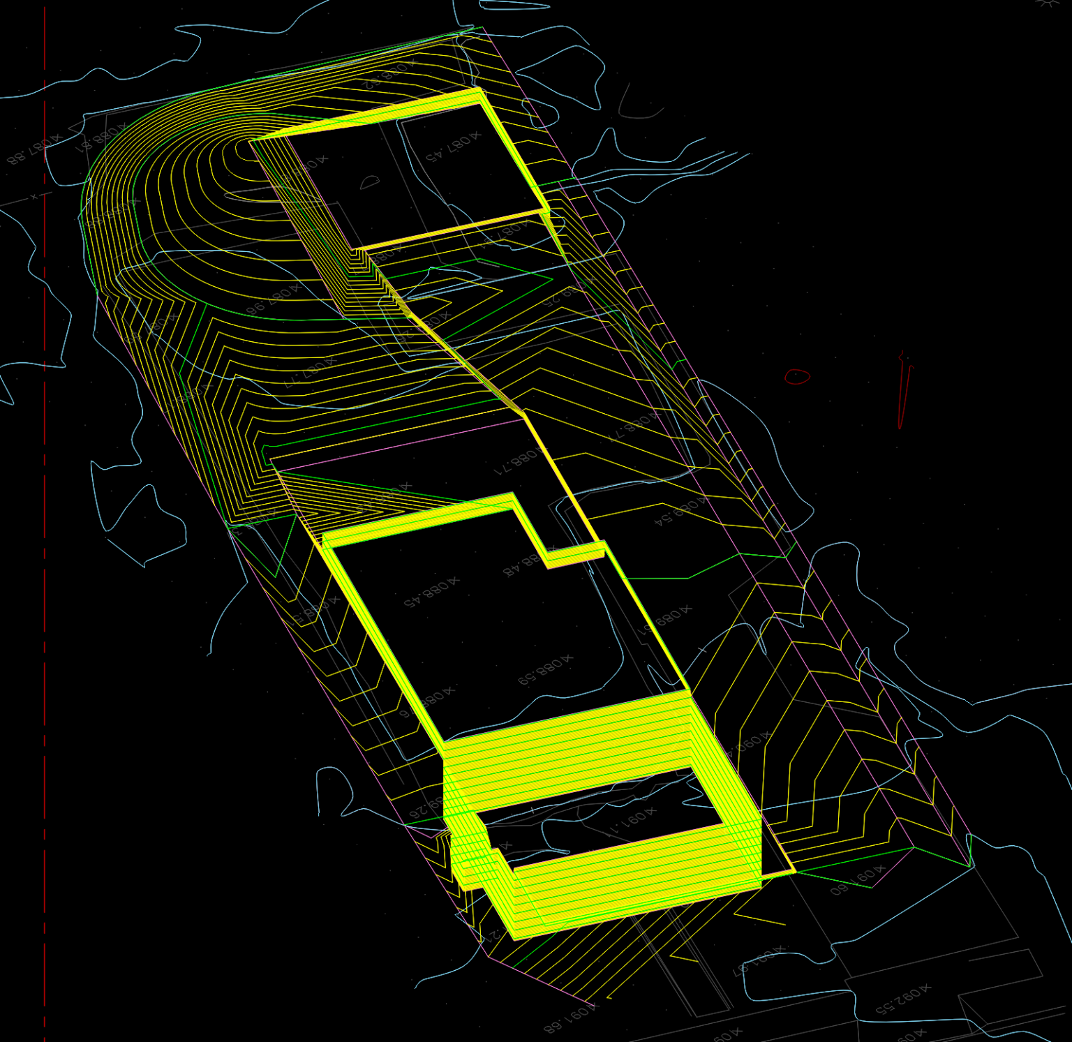 Proposed 3D surface model for Altadena W Mendocino Ave fire rebuild showing house, cellar, ADU over garage, and lot layout with existing topography contours