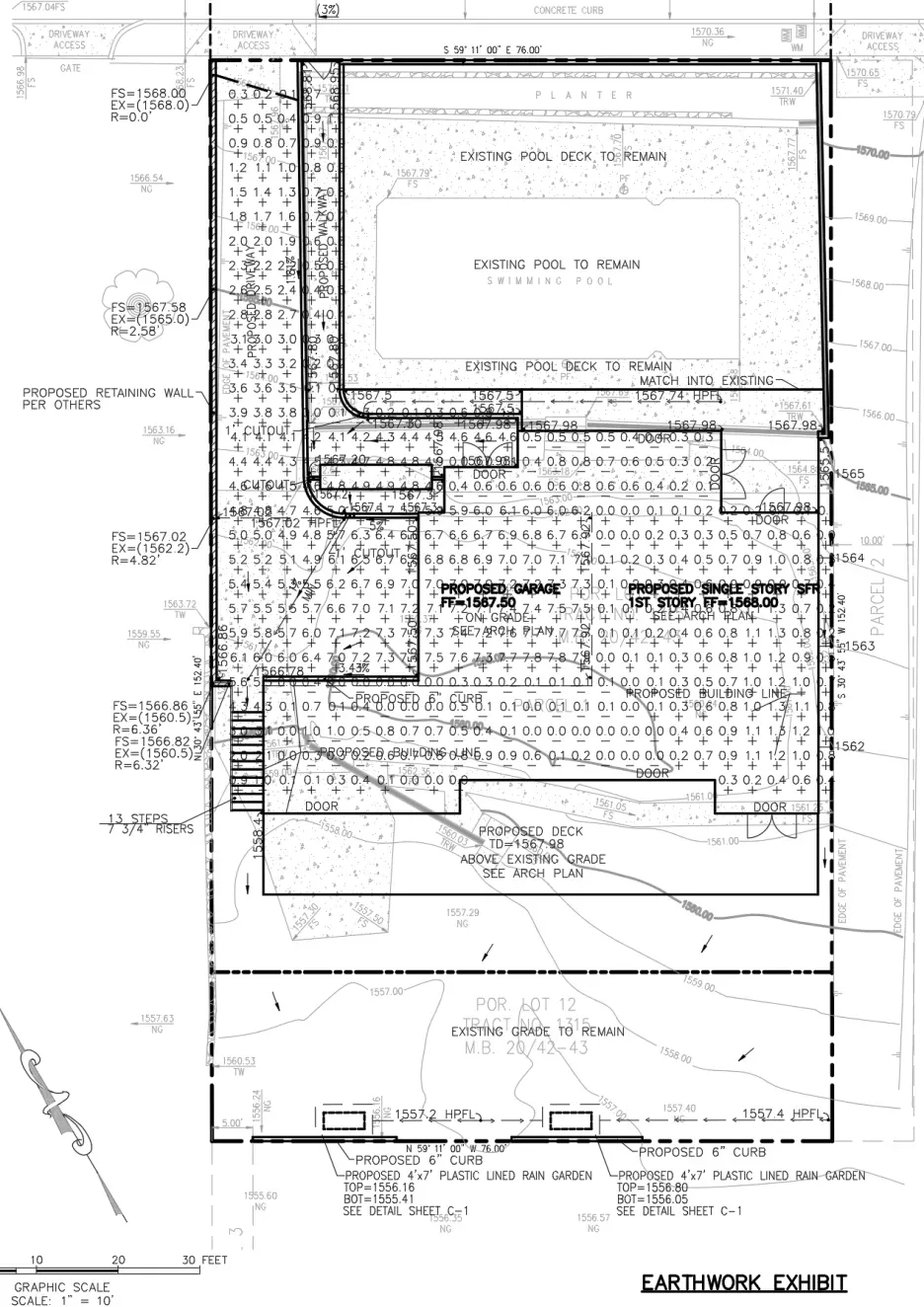 Earthwork exhibit showing cut/fill numbers and dual rain garden drainage design for Altadena downslope property