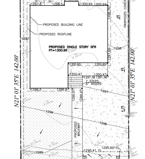Drainage plan for Altadena residence showing sheet flow to lined rain garden with elevation contours