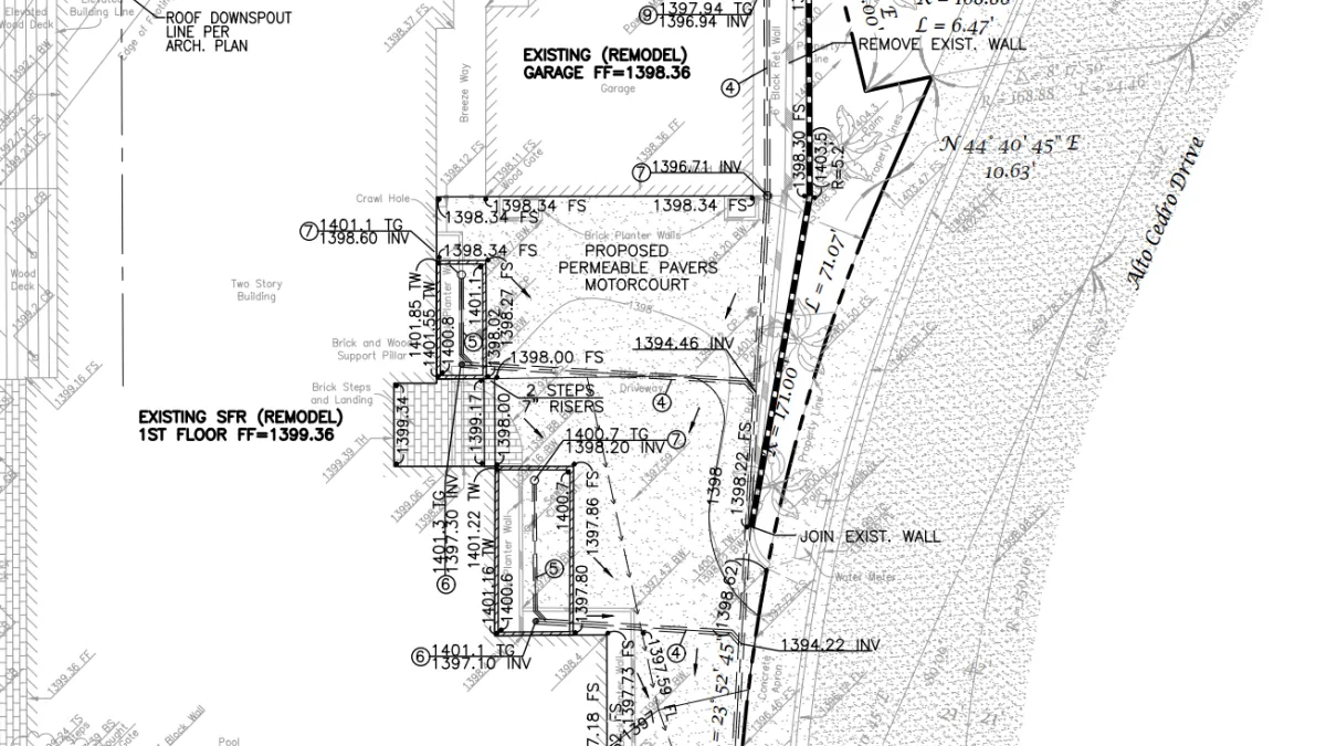 Grading and drainage plan for Alto Cedro Drive in Beverly Hills showing proposed permeable paver motorcourt, retaining walls, roof downspout connections, pump outlet to catch basin, spot elevations, and contours