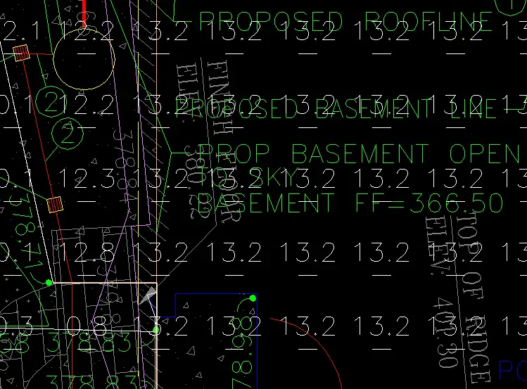 Technical site plan drawing for cut and fill analysis showing proposed basement and roofline elevations