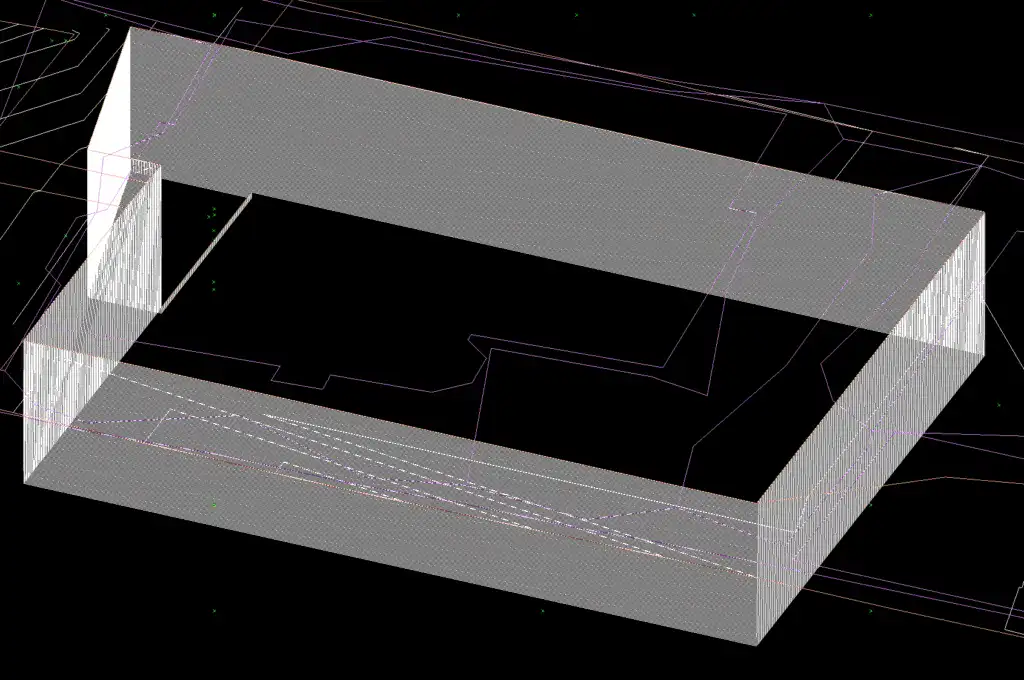 3D digital model of an excavation site detail, showing complex earthwork planning and foundation layout within a CAD software environment