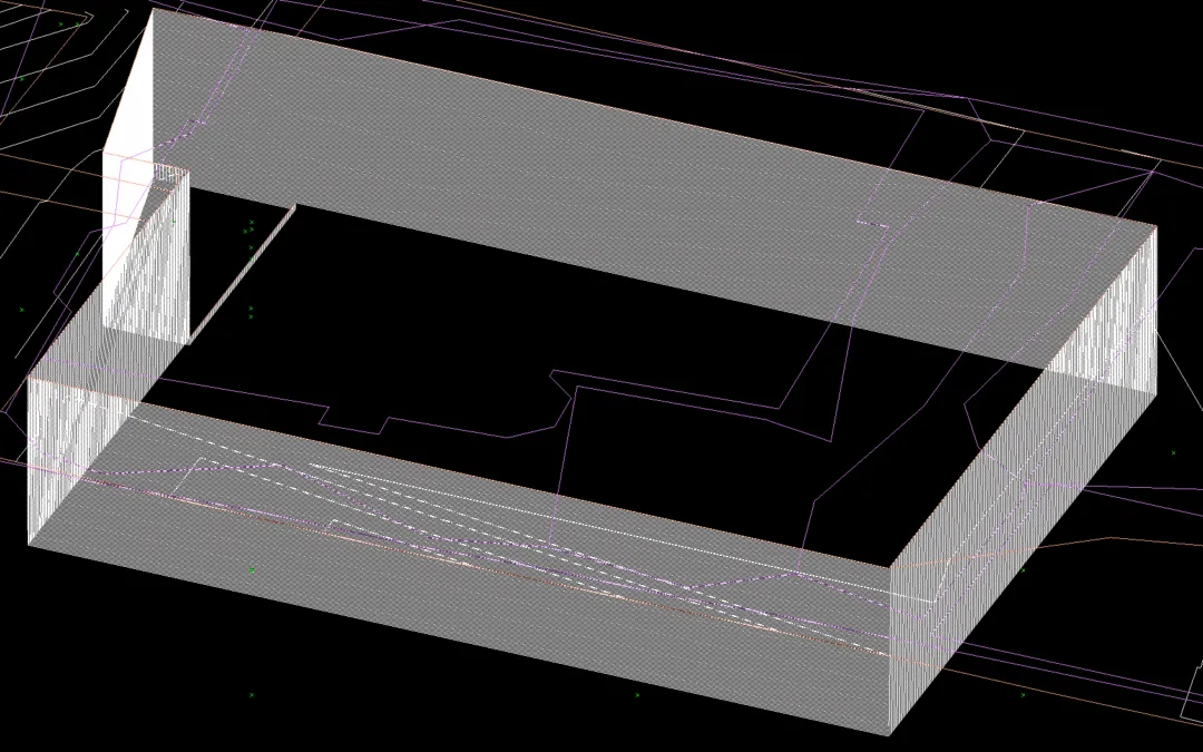 3D CAD model showing wireframe visualization of a large basement excavation for a Brentwood construction project
