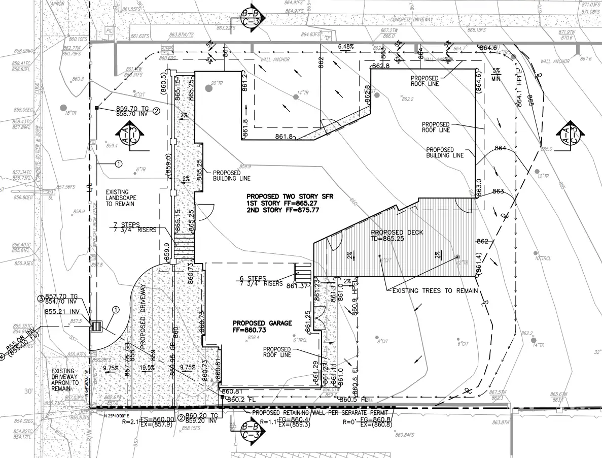 Conceptual grading plan for Burbank Sunset Canyon Drive showing proposed finished floor elevations, contours, flow arrows, and drainage patterns