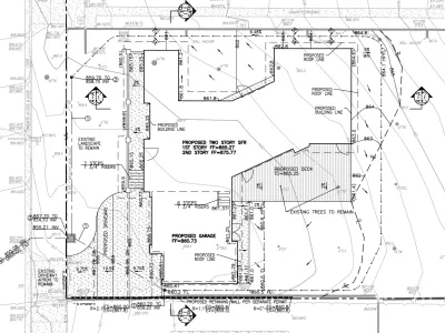 Conceptual grading plan for Burbank Sunset Canyon Drive showing contours, flow arrows, and drainage patterns