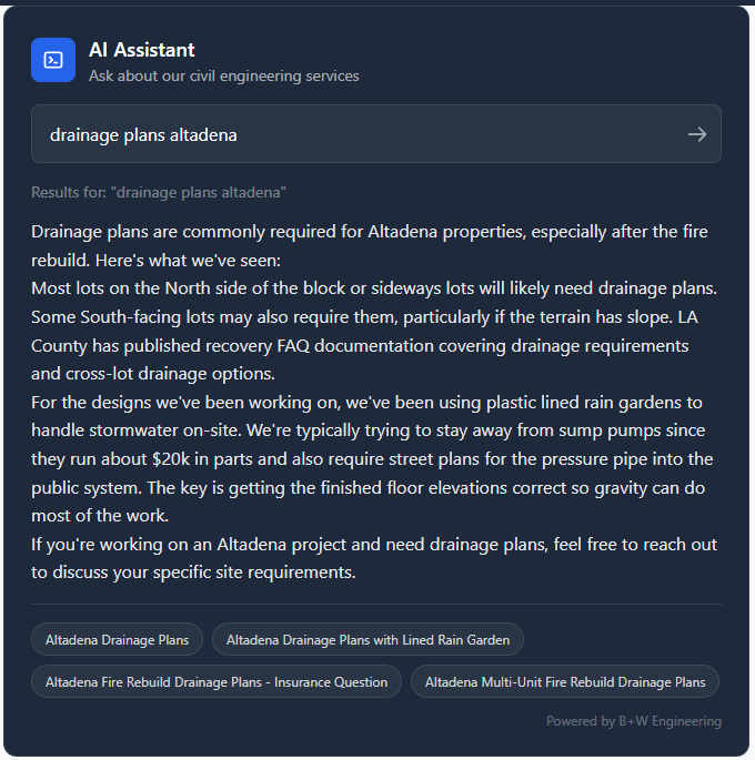 AI Assistant interface showing search query about Altadena drainage plans