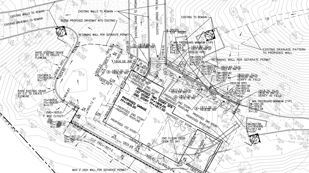 Grading plan for Altadena hillside showing contours, proposed walls, drainage swales, and spot elevations