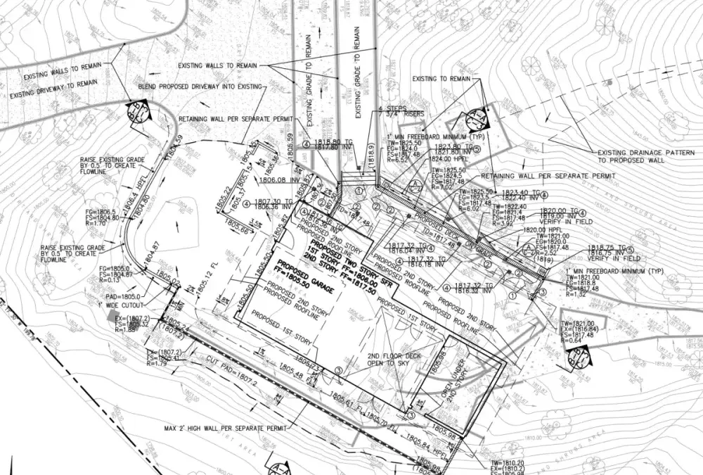 Grading plan for Altadena hillside showing contours, proposed walls, drainage swales, and spot elevations