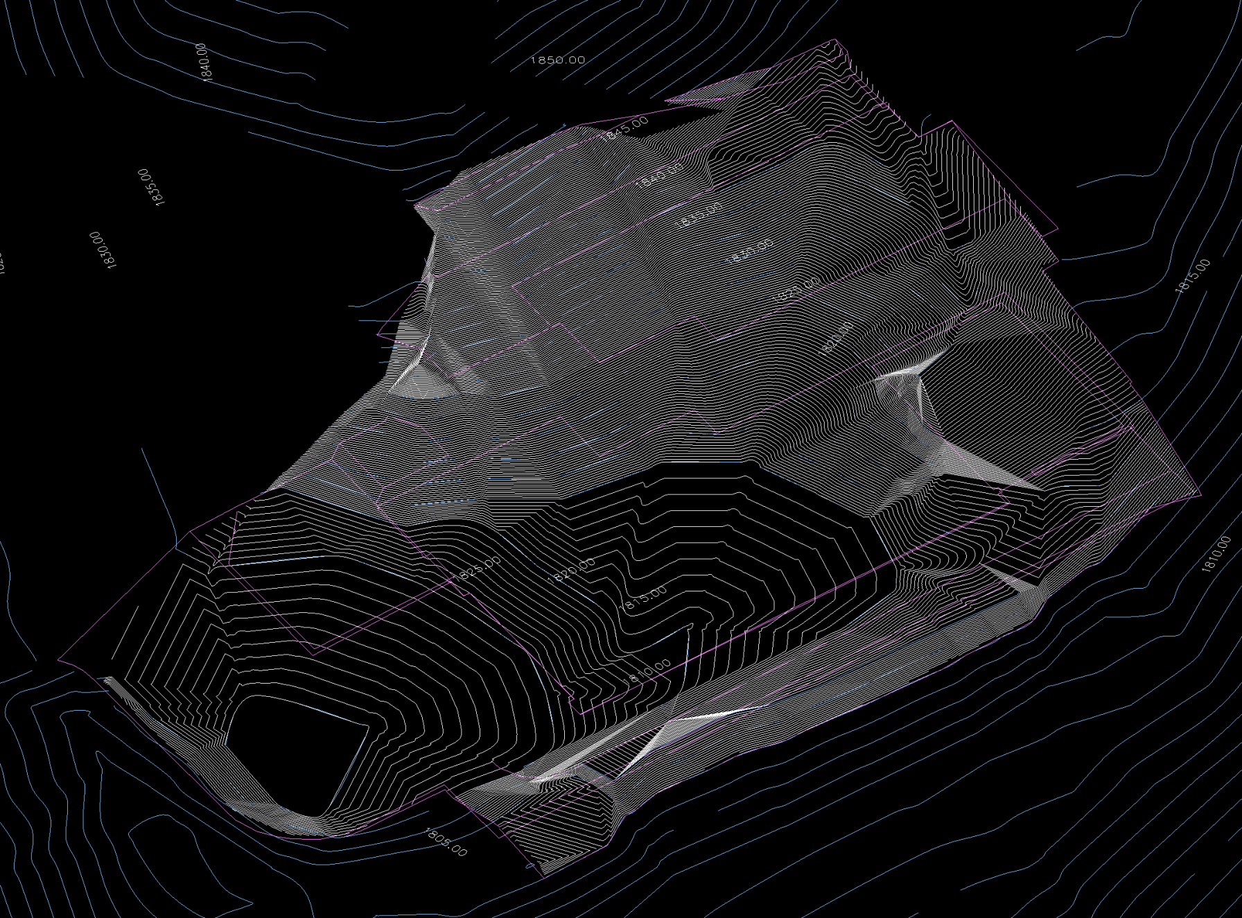 3D model of existing hillside site conditions showing steep Altadena topography, existing concrete flatwork, and original driveway configuration