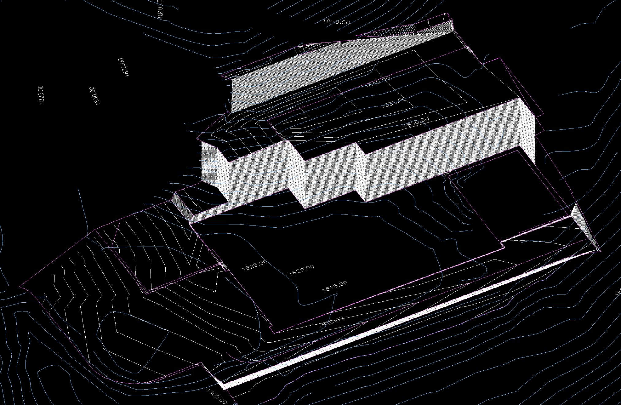 3D model of proposed Altadena hillside grading design showing tiered retaining walls, deck with area drains, and integrated drainage swales for stormwater management