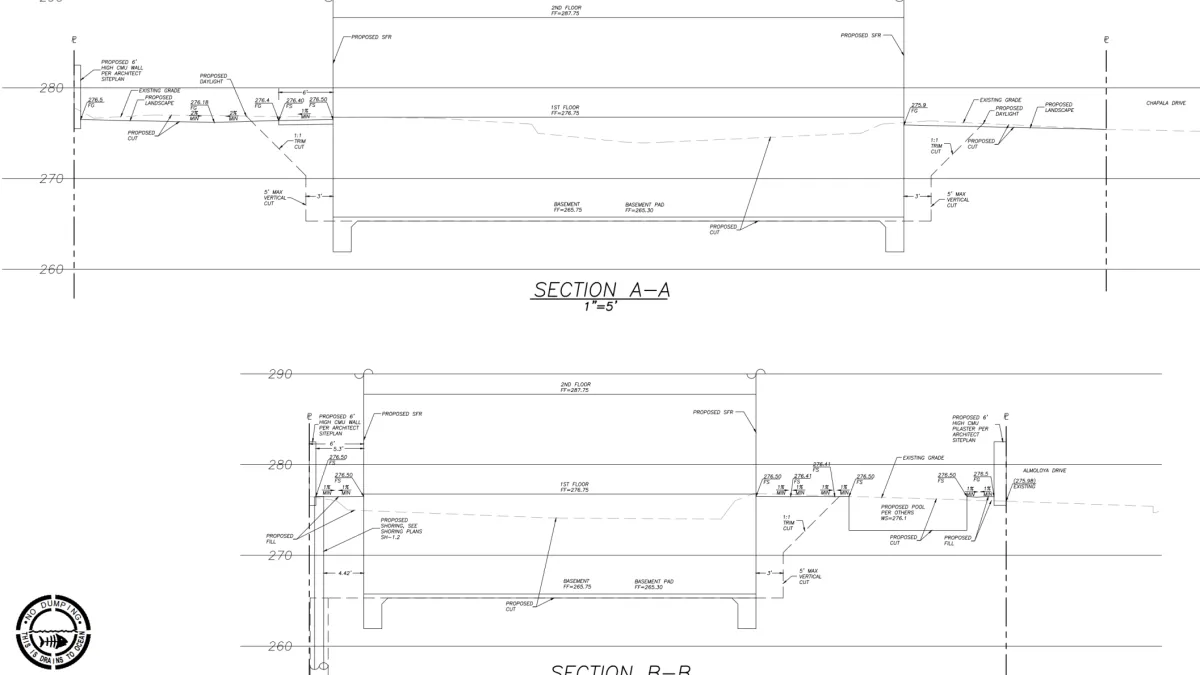 Grading plan sections for Pacific Palisades residential project
