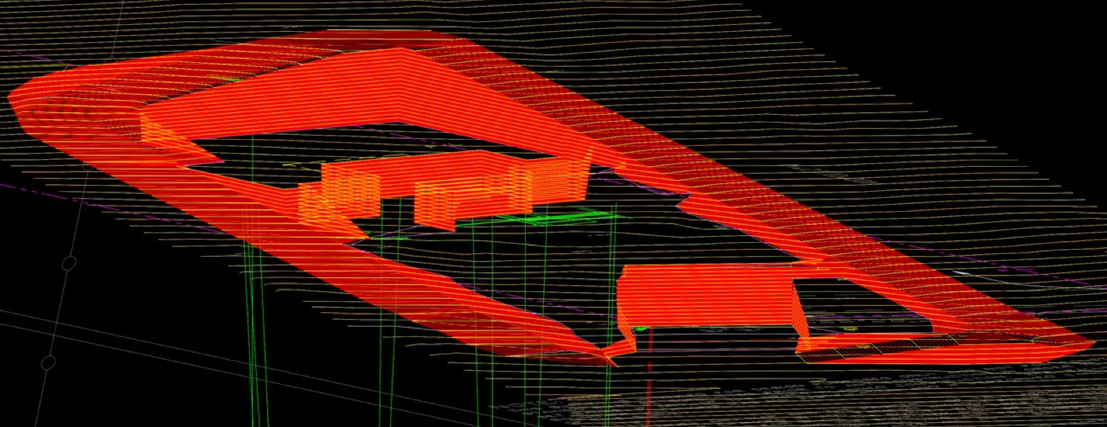 Proposed 3D grading model with cut and fill contours in red and orange over tan existing terrain showing the proposed Malibu hillside pad and driveway design